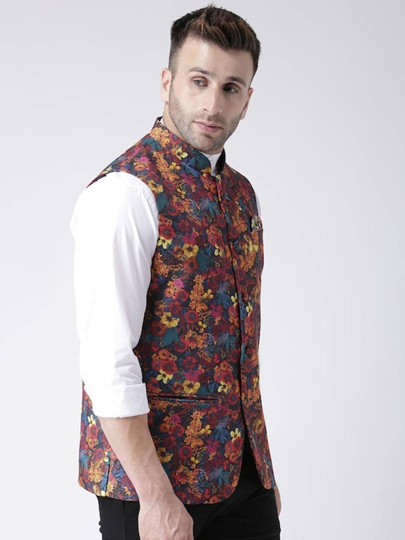 Men's Maroon Viscose
 Printed Nehru Jackets